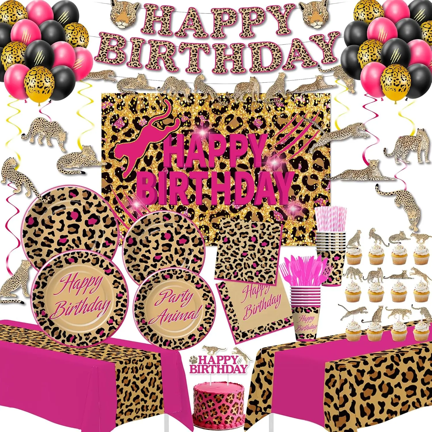 Pink and Gold Leopard Print Birthday Party Decorations Set for Girls - Birthday Set, Party Pack, Tableware (Paper Plates, Cups, Napkins, Tablecloth), Background, Banner, Balloons, Cheetah Spots