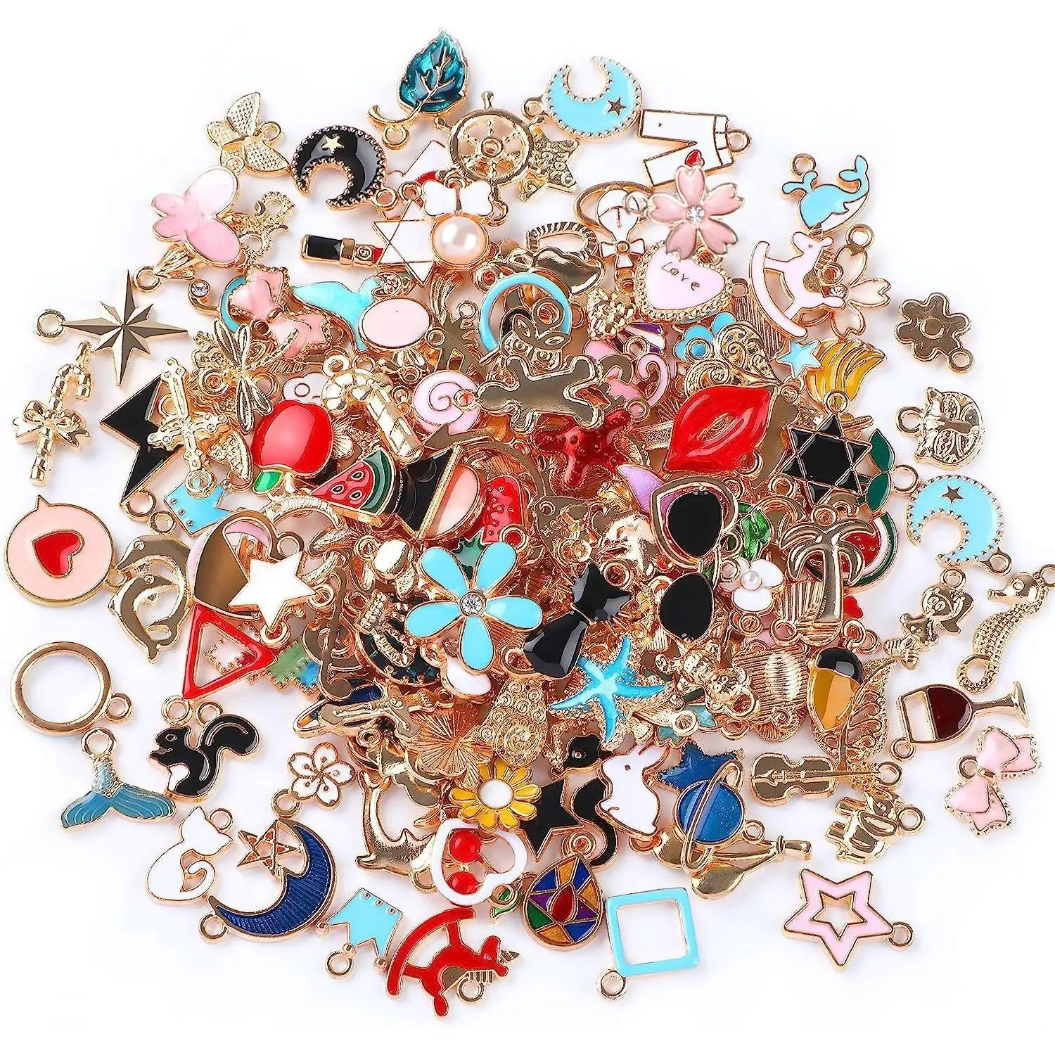 X-BY125 Unisex 220Pcs Gold-Plated Enamel Charms - Zinc Alloy, Long-Lasting, Cute Forms, Print Design, Peppy Look, DIY Jewelry Supplies for Key Chains, Bracelet & Necklace Making, Casual Wear Decorations, Diy Jewelry Decoration, Jewellery Pendant, Shiny Fi
