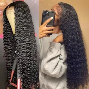 Deep Wave Human Hair 40 inch Wig - Natural Black, Full Lace Front, High-Quality Virgin Hair, Soft & Fluffy, Perfect for Everyday Wear