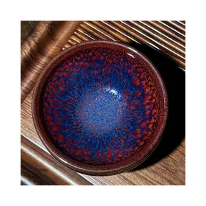 Blue Silk Peacock Obsidian Jian Zhan Master Cup Handmade Jian Kiln Tea Cup for Home Use Kung Fu High-end Large General Tea Cup with Intricate Design Classic Drinkware Tea Enthusiast