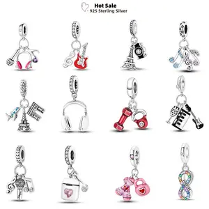 Sports Music Earphone Charms 925 Silver Guitar Violin Football Tower Castle Fit Pendant Original Bracelet Beads DIY Jewelry Gift
