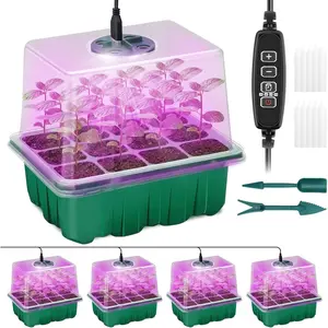 Seed Starter Tray with  Light, 4 Pack Grow Lights for Seed Starting Kit with Humidity Domes, Timing Controller Adjustable Brightness for Greenhouse Propagator Station Planting Growing