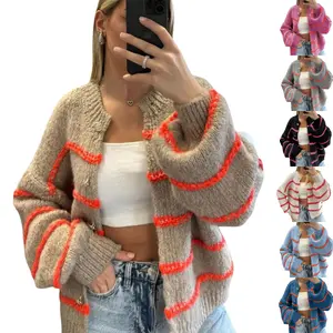 Yeokou Women's Oversized Striped Knitting Cardigan - Plus Size, Long-Sleeve, Button-Down, Open-Front, Crew Neck Nylon Casual Outwear for Chinese New Year