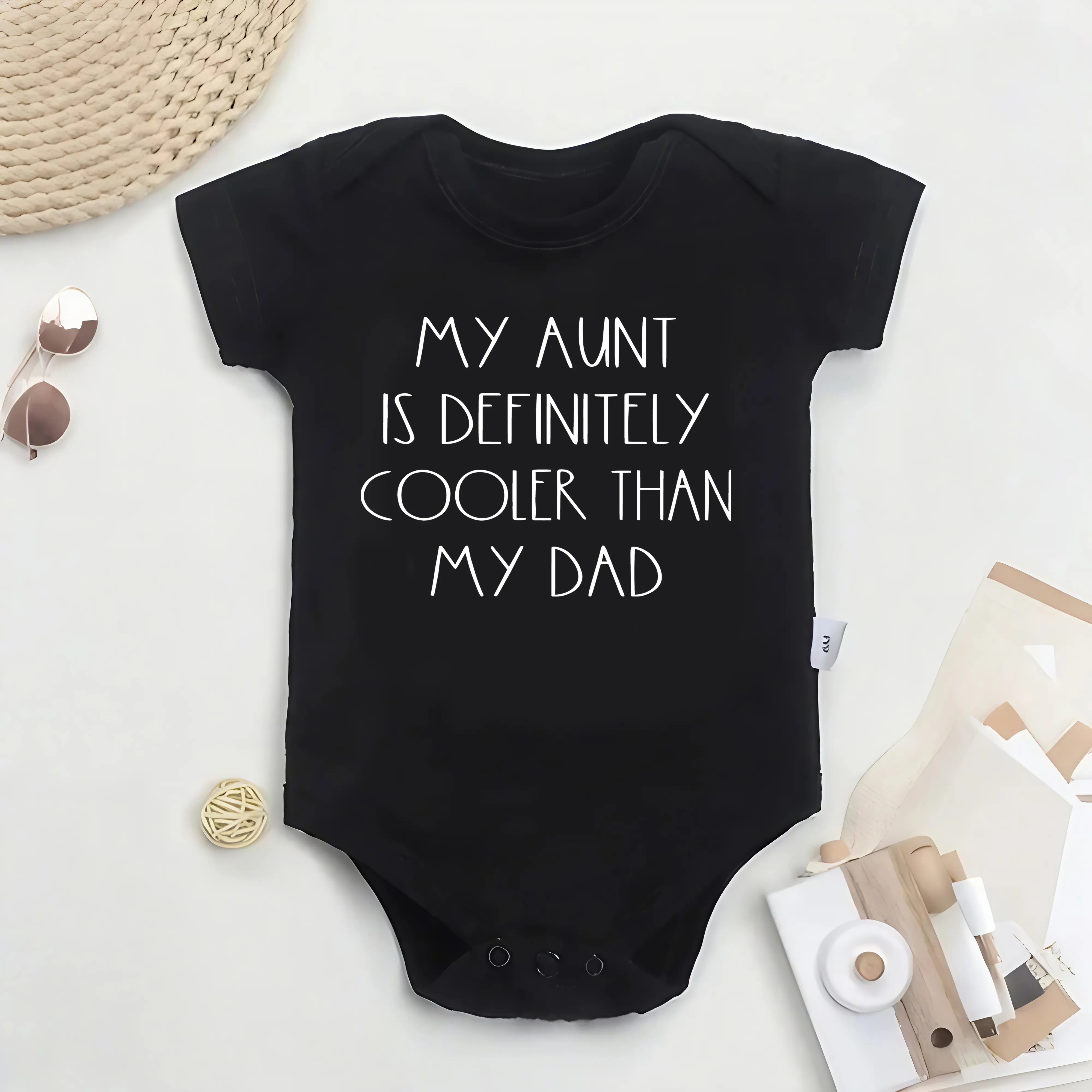 Baby Bodysuit for Boys - Soft Crew Neck Cotton Baby Clothing, Funny "My Aunt is Definitely Cooler Than My Dad" Print, Button-Closure Black Bodysuit Without Guard Sleepwear for 0-3m/3-6m Newborns