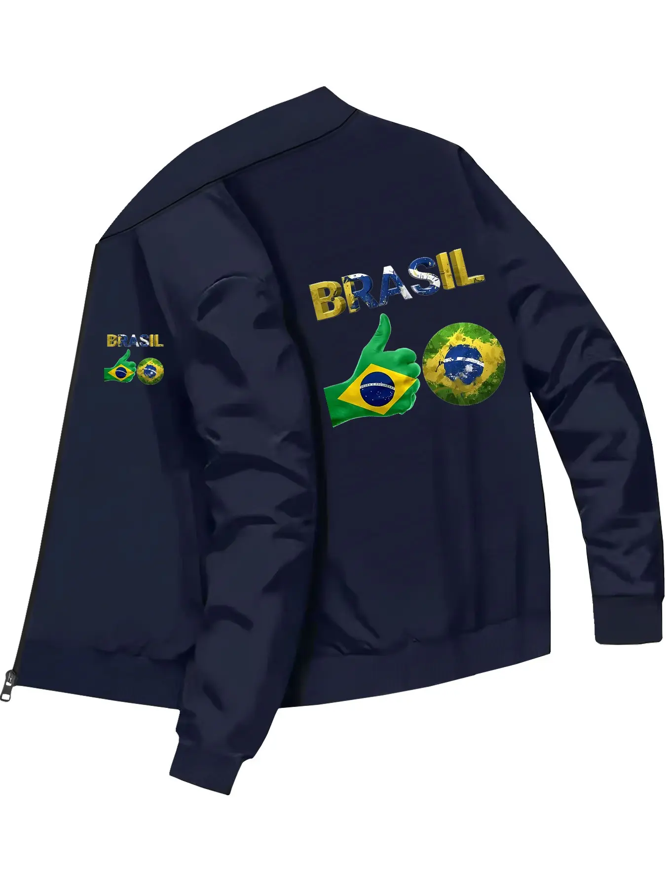 Casual Sports Style Men's Brazil Text National Flag Pattern Long Sleeve Bomber Jacket Coats for Daily Wear and Outdoor Activities