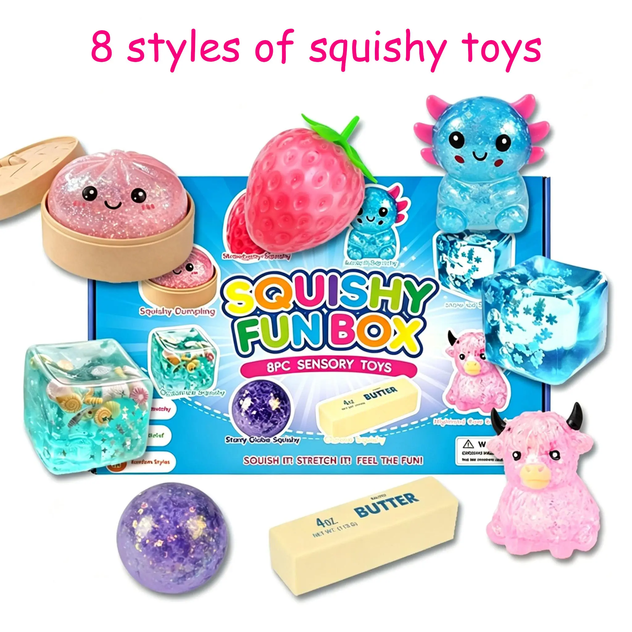8 Pack Squishy Fidget Stress Relief Toys, Assorted Styles, Rebound Sensory Decompression Toys, Creative Party Gifts for Kids and Adults