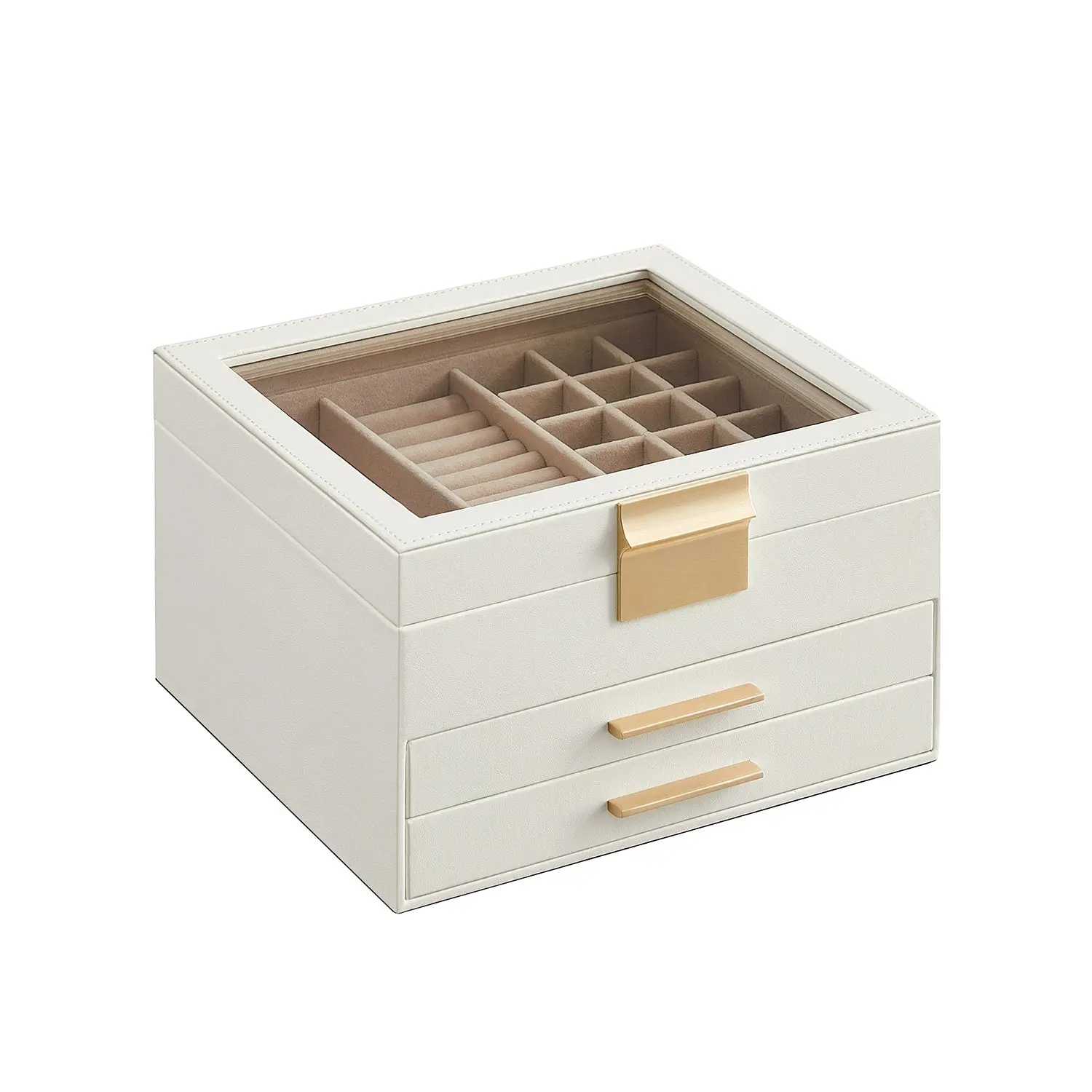 SONGMICS Synthetic Velvet Jewelry Box with Glass Lid, Multi-Compartment Jewelry Holder Organizer, Small Space All-Purpose Home Storage Vanity Case