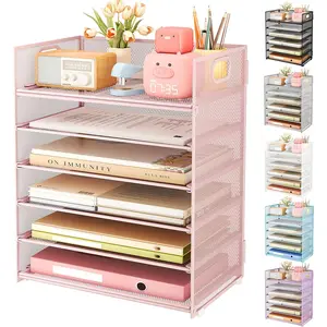 6 Tier Office File Paper Desk Tray Organizer with Handle, Stackable Slide Mesh Letter Tray Folder Pink Desk Organizer, Desktop Document Sorter for Classroom, Office, Home Supplies Storage