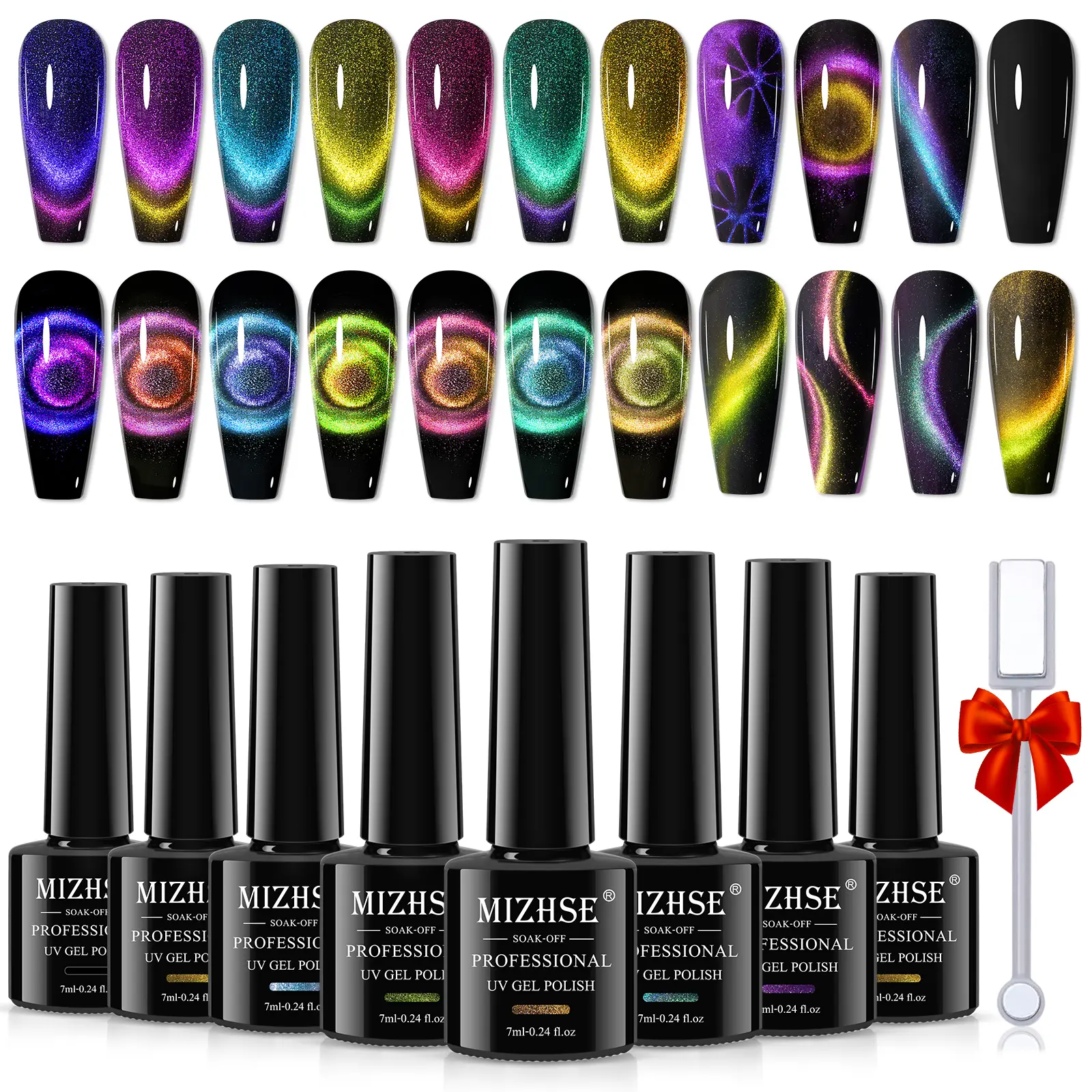 MIZHSE 9D Cat Eye Gel Nail Polish Kit - Upgraded Magnetic Gel Polish with Magnet Stick, Galaxy Chameleon Shimmer Effect, Smooth Resin Base, Soak-Off Formula for Nail Care Cosmetic Salon & Home Manicure