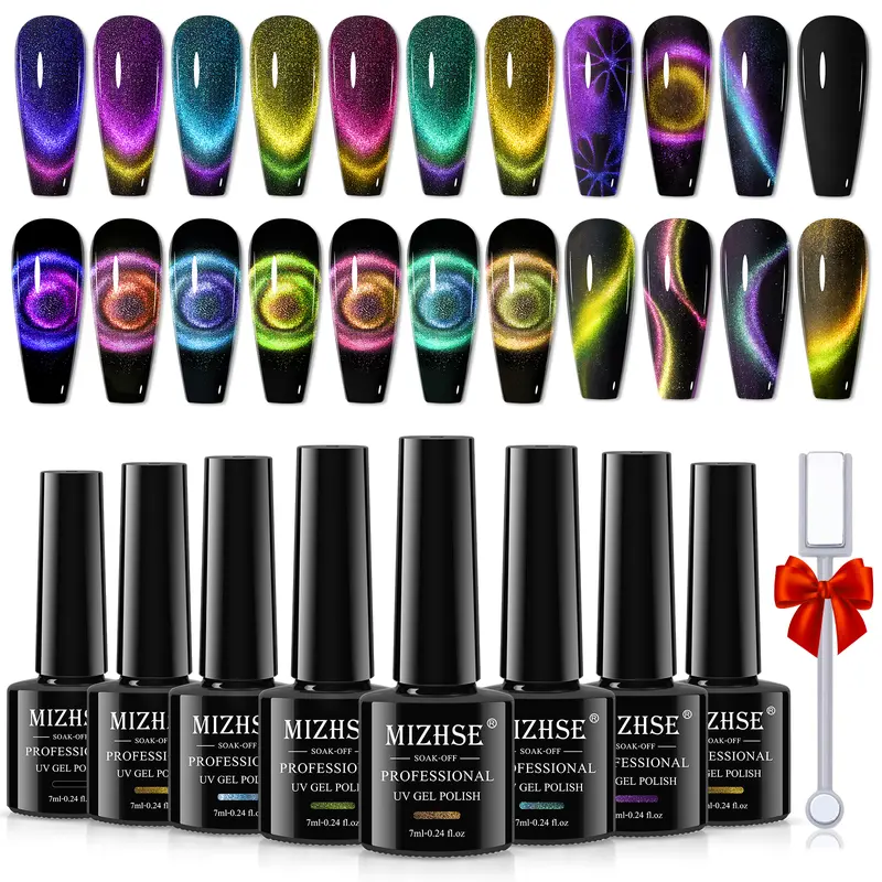 MIZHSE 9D Cat Eye Gel Nail Polish Gift Set - Upgraded Magnetic Bottle with Magnet Stick, Galaxy Chameleon Color Changing Gel Varnish, Smooth Resin Base, 28d+ Lasting Soak-Off Formula for Daily Use (Salon & Home Manicure)