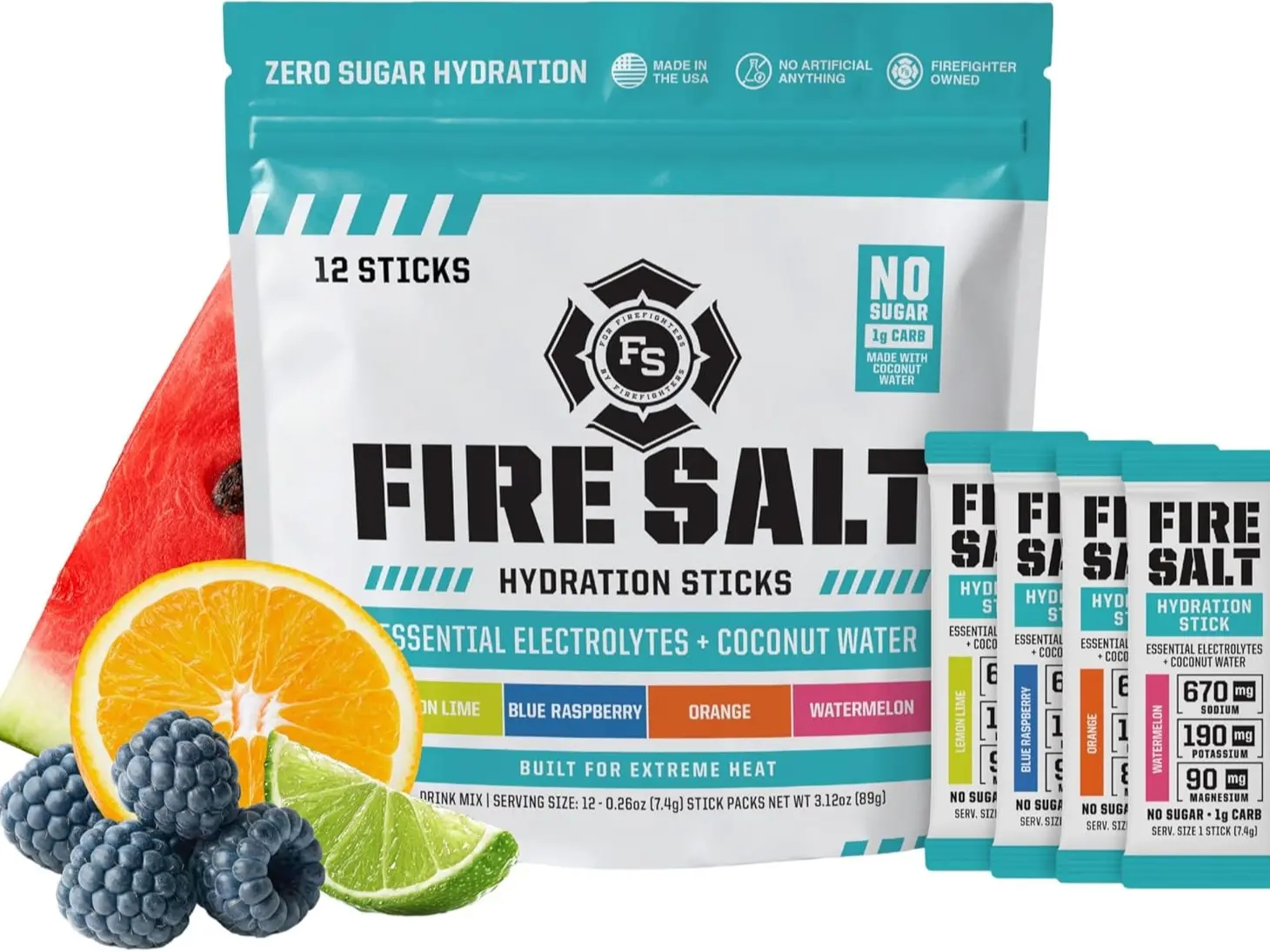 NEW! Fire Salt Hydration Sticks with Electrolytes & Organic Coconut Water, Magnesium & Mediterranean Sea Salt, Zero Sugar, Single Serve Packs, 4 Flavor Starter Kit Variety Pack, 12 Count