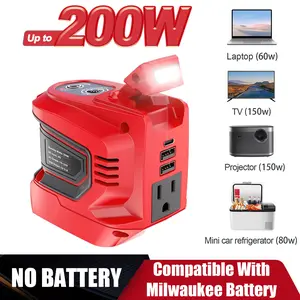 200W Power Inverter for Milwaukee Battery, Battery Not Included, DC 18V to AC 110-120V Battery Inverter, Portable Power Station Generator, Charger Adapter Battery Powered Outlet w/ 2 USB Ports & 1 Type-C & 1 AC Outlet