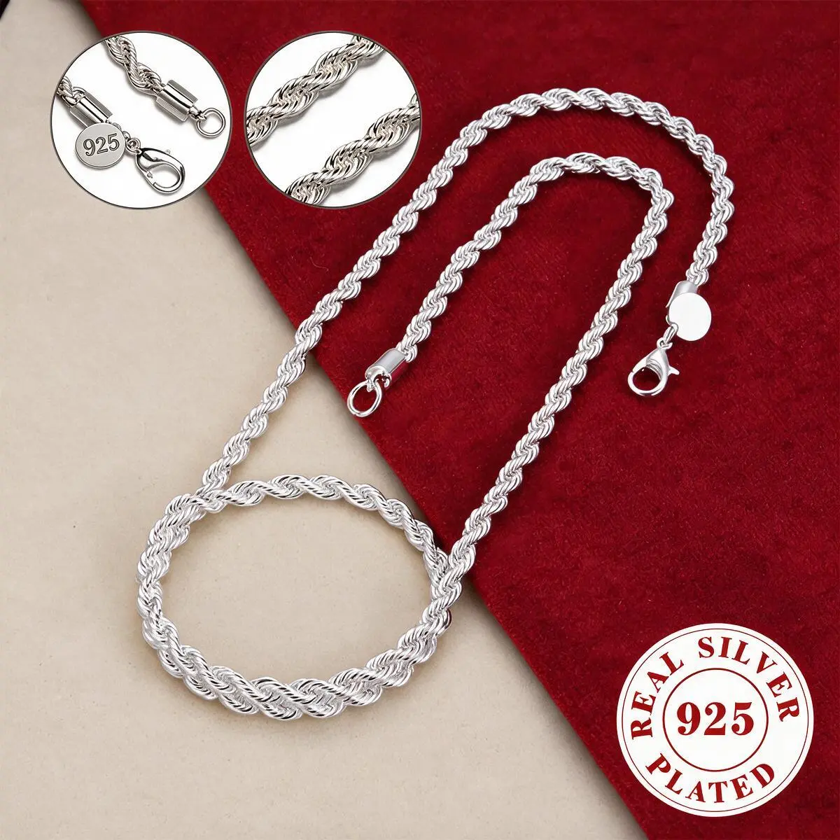 925 Silver Plated 4mm Twisted Links Chain Necklace, Unisex Fit with Lobster Clasp, Dual Sizes (19.7in/23.6in), Hypoallergenic Tarnish-Proof Durable Hip Hop Outfits Daily Wear Jewelry Gift, Optional Pendants, Necklaces For Women