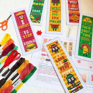 6-Piece Cross Stitch Bookmark Kit, Inspirational Food Theme, Beginner-Friendly Embroidery Set, Includes Fabric, Thread, Tools, Instructions