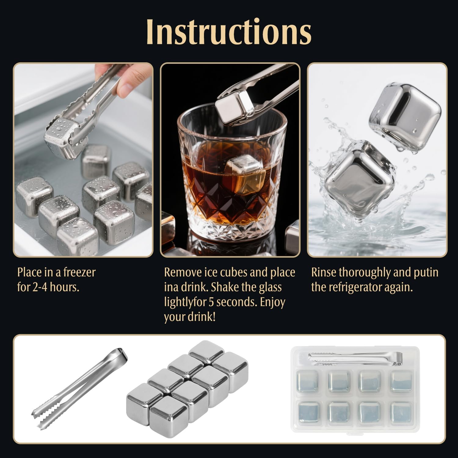 Stainless Steel Ice Cubes, Reusable Ice Cubes, With Tongs Household Items, Stainless Steel Refrigerated Ice Cubes, Perfect Birthday Christmas Father’s Day Gifts (6/8pcs)