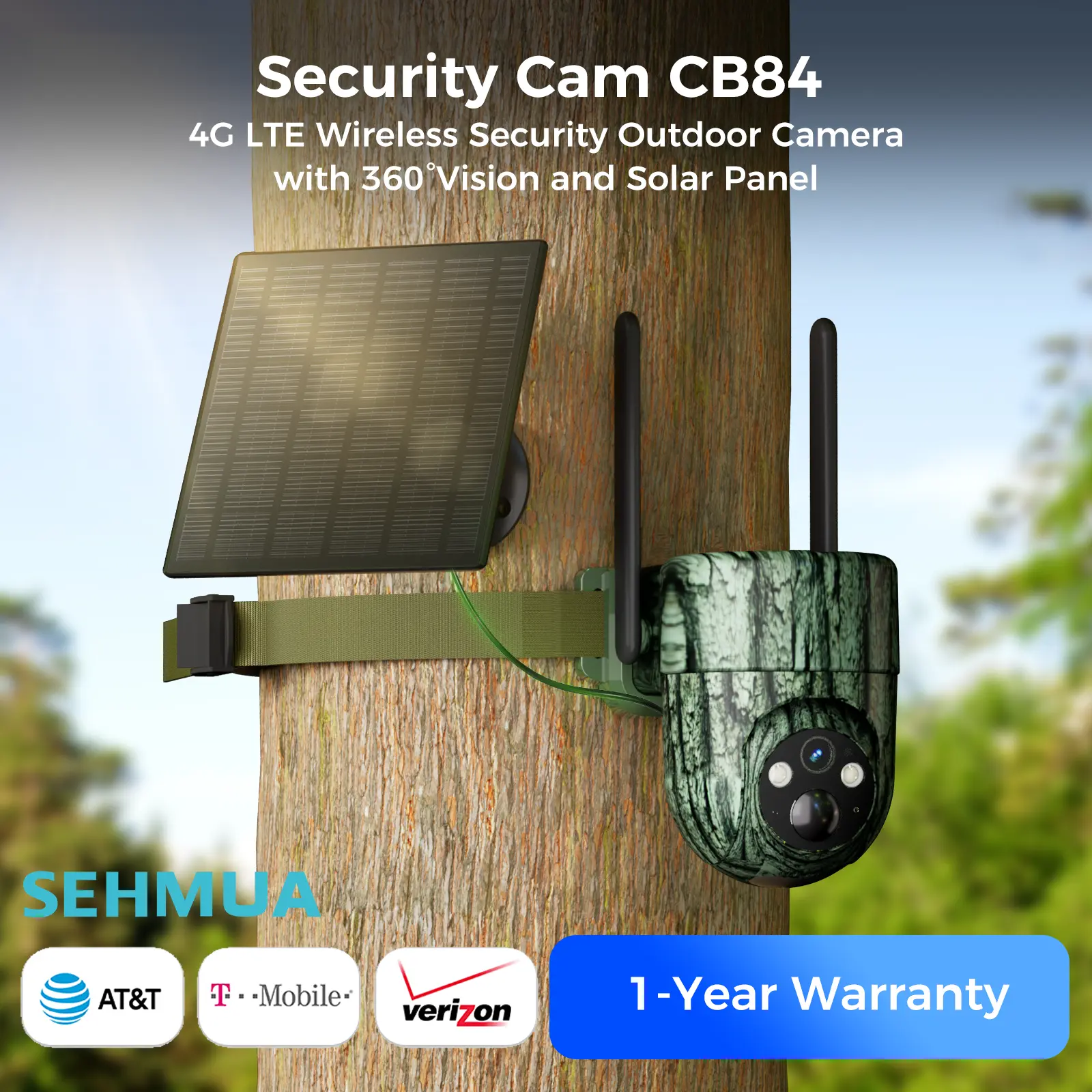 Sehmua Solar Powered 4G LTE Cellular Security Camera CB84S-Wireless PTZ Outdoor Surveillance Camera, 2K HD 360° Pan Tilt, PIR Detection, Night Vision, Waterproof, No Wi-Fi, Requires 4G Unlimited Data Plan Activation, for Farm, Cabin & Remote Rural Areas