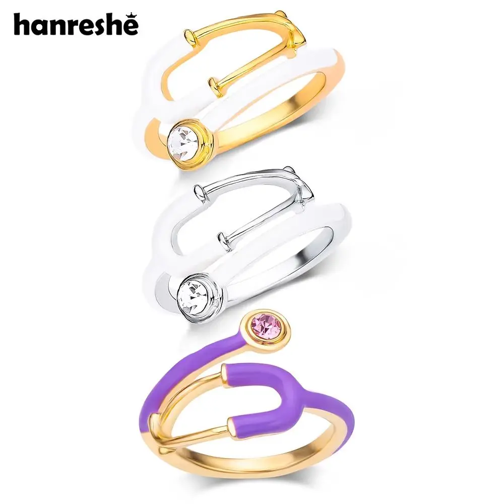 Hanreshe Medical Enamel Stethoscope Ring with Crystal Luxury Medicine Jewelry for Doctor Nurse Rings Size 7-9