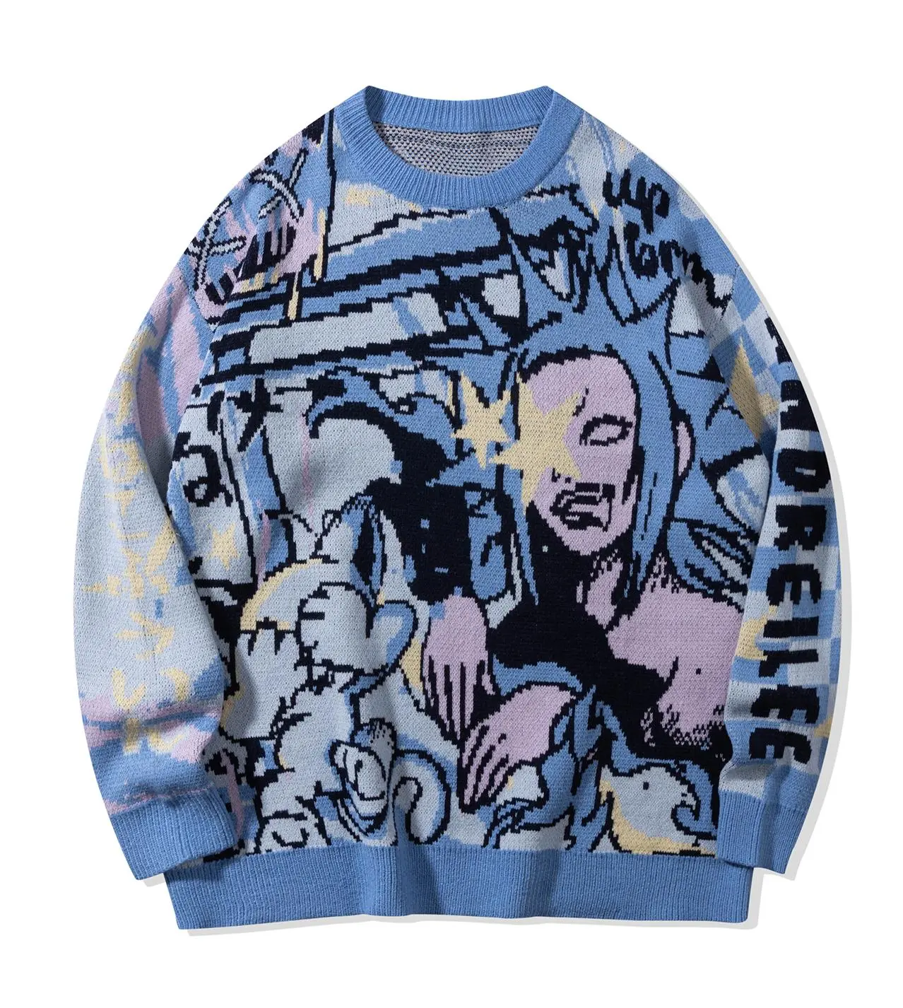 Men's Stylish Soft Knit Streetwear Pullover Sweater - Unisex Style Casual Loose-Fit Long-Sleeve Clothes, All-Over Playful Cartoon & Letter Print, Gradient Fabric, for Spring & Autumn, Cold-Wash Menswear Apparel