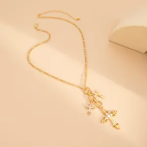 Trendy Gold Cross Necklace for Women | Crucifix Pendant Figaro Chain Faith Based Statement Necklace, Perfect Religious Baptism Gift Jewelry