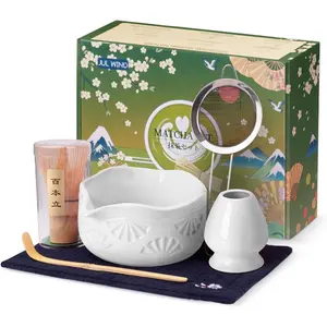 Matcha Whisk Set, Ceramic Matcha Set Includes Bowl with Spout, Whisk and Holder, Bamboo Scoop, Sifter and Tea Towel - 6 Pcs Matcha Kit Gift for Matcha Lovers (White)