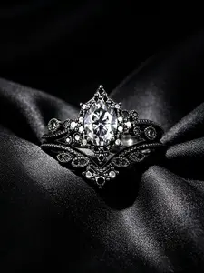 Oval grey moissanite engagement ring set, Gothic black and gold moissanite beaded wedding ring, commitment anniversary ring, women's gift.