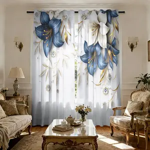 Elegant Blue Lily Curtain Set (2 Pieces), Rod Pocket Design, Digital Print Privacy Curtains, Room Decor Curtain, Window Curtain, Easy to Hang, Semi-Transparent Polyester, Easy Install Curtain, Home Decoration Curtain, Home Decorative Curtain