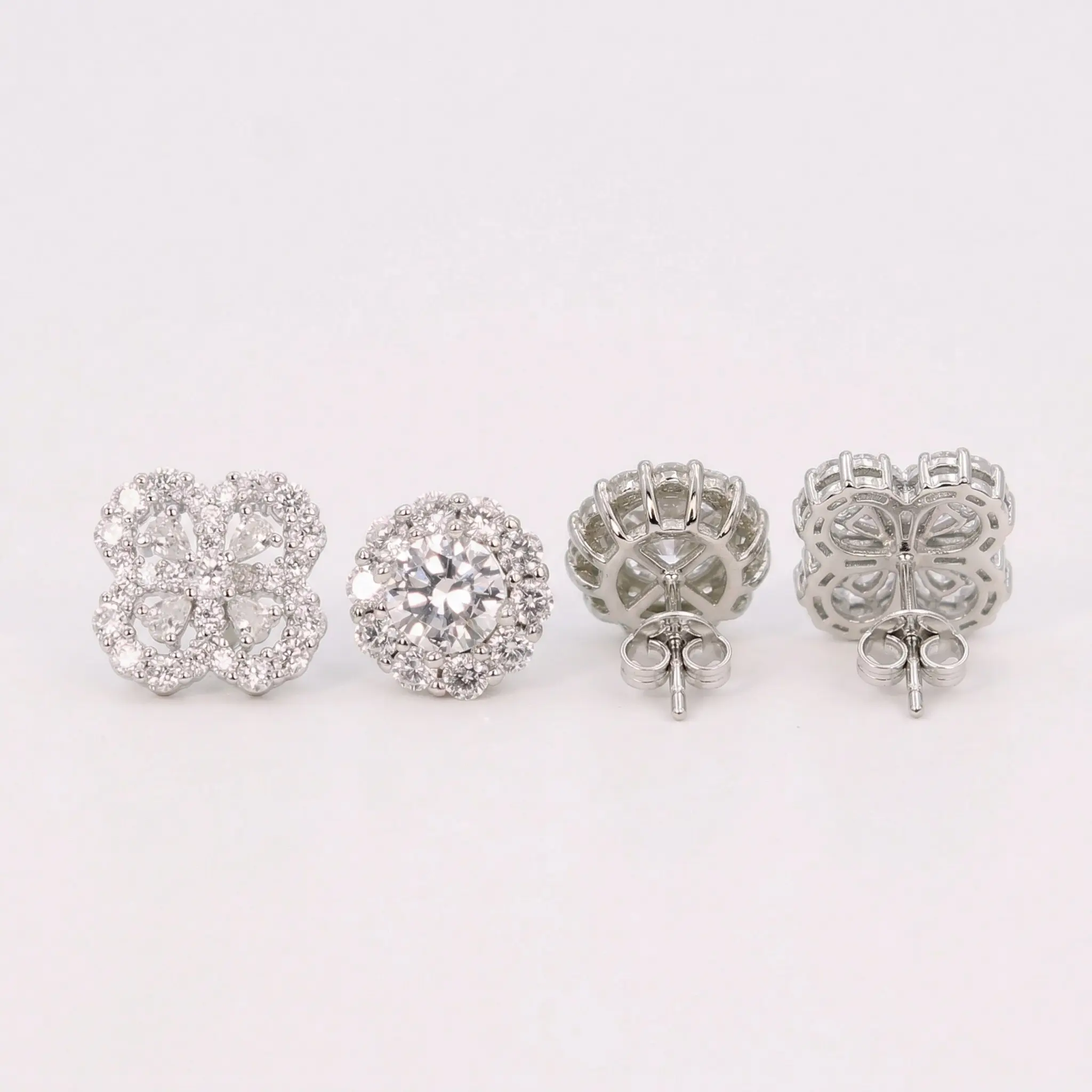 Hypoallergenic CZ Cluster Diamond Studs Earrings - 2-Pair Bridal Series Crystal Layered Sunflower & Round Halo Set, Fade-Resistant Clover Cutout Costume Jewelry for Bridal, Daily Wear, Bridal Series Earrings