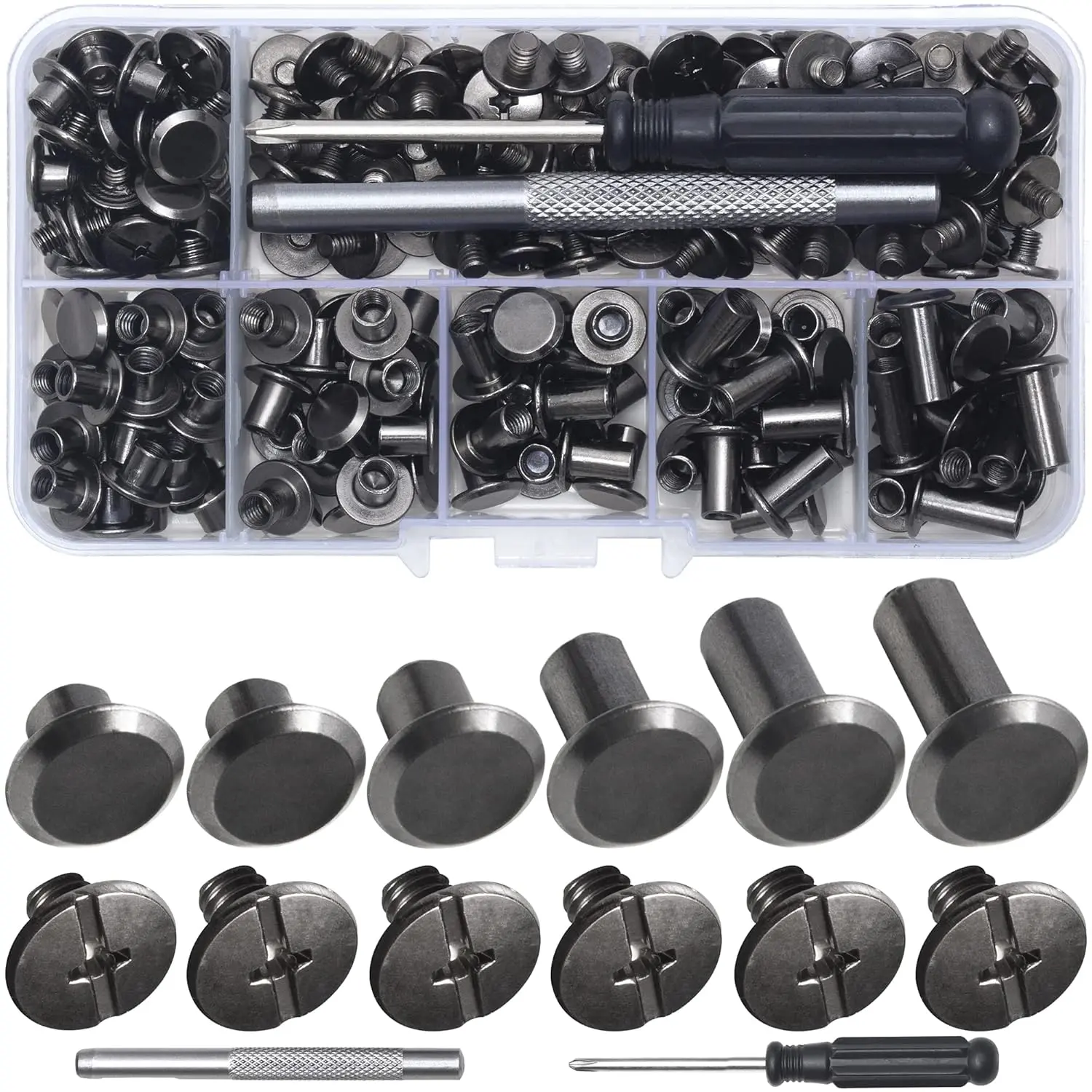Screws Leather Rivets Assorted Screw Rivets Chicago Binding Screws for Decorate and Repair Leather Craft Belt Bag Shoes Purse Bookbinding (Gunmetal Black, M5*4,5,6,8,10,12)