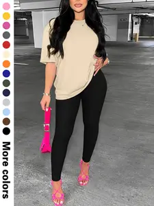 Women's Solid Color Tee & Skinny Pants Two-piece Set, Casual Fashion Cozy Round Neck Short Sleeve Top & Trousers for Daily Outdoor Wear, Ladies Clothes for All Seasons