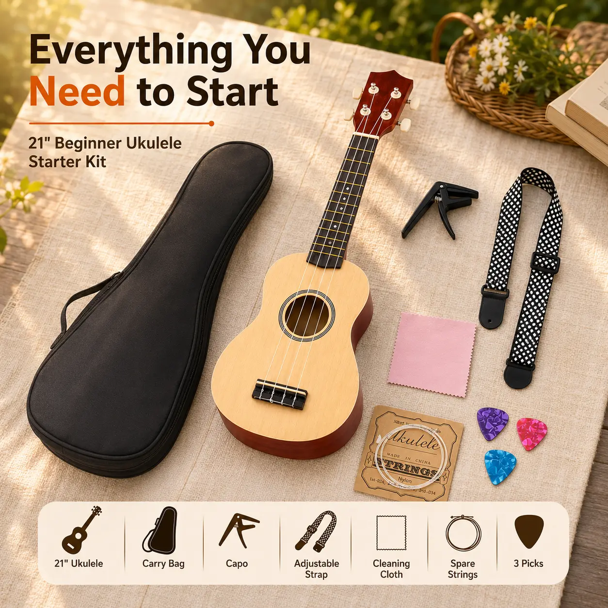 21 Inch Ukulele for Adult Beginners with Backpack Shoulder Strap Strings Cloth 3 Guitar Picks Khaki Black
