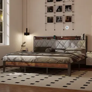 Underbed Storage Bed Frame with Built-In Charging Port – Upholstered Headboard Iron Bed – No Tools Required for Assembly – Full Size Platform Bed, No Box Spring Needed