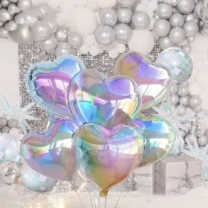 5 Pcs Set 18 Inch Iridescent Clear Heart Foil Balloons, Ideal for Birthday, Anniversary & Wedding Celebrations, Enhance Your Party Décor, Balloon Garland