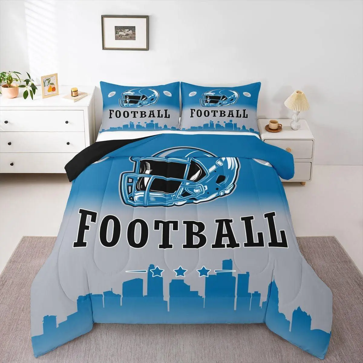 Football Comforter American Rugby Sports Theme Bedding Set,Ball Sports Games Comforter Set for Kids Boys Teen,Blue Grey Ombre Football City Quilt