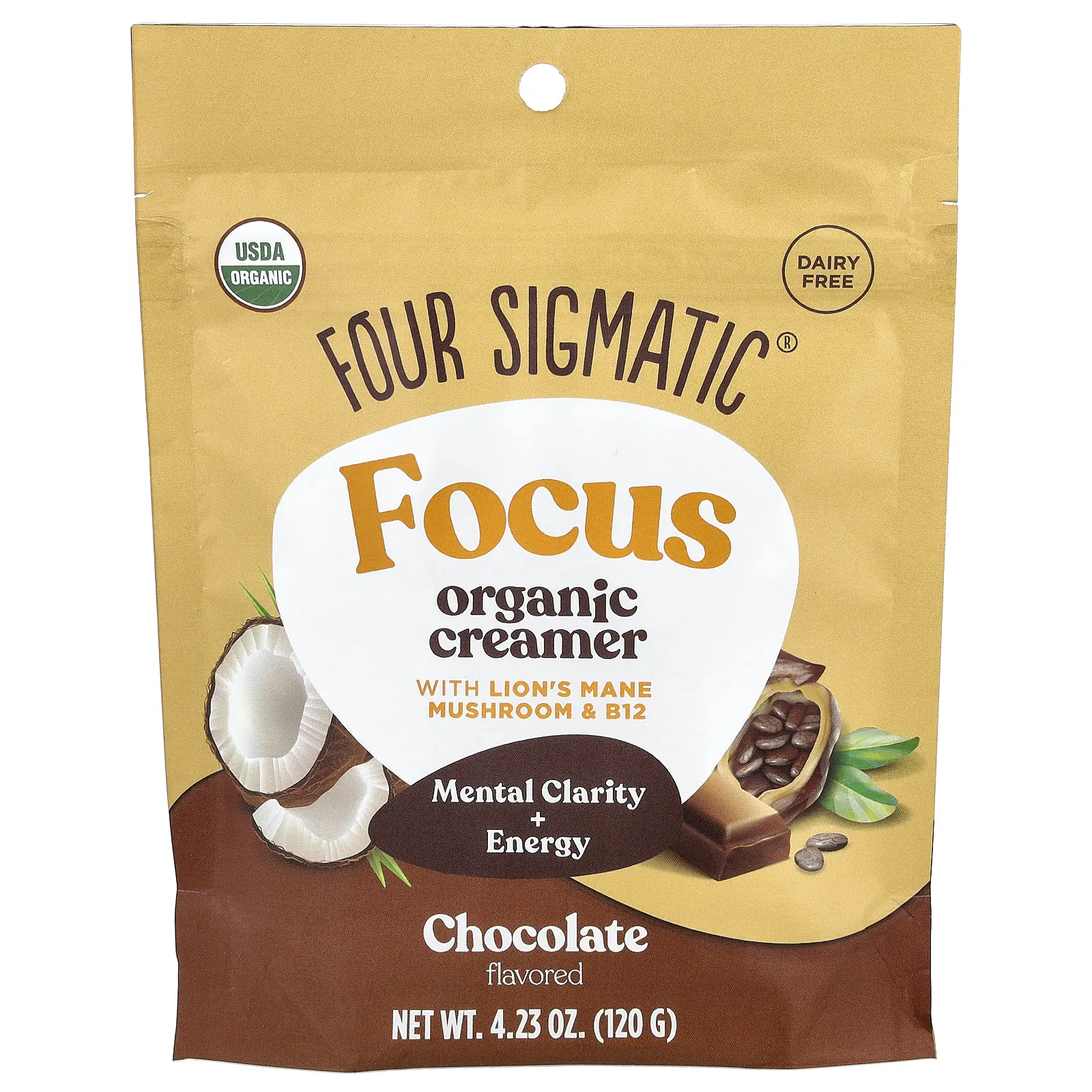 Four Sigmatic Focus, Organic Creamer with Lion's Mane Mushroom & B12, Chocolate, 4.23 oz (120 g)