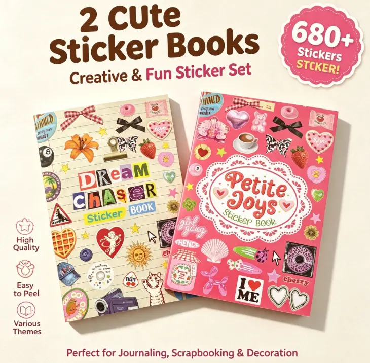 2 Styles 60 Sheets Cute & Vintage Sticker Book Set - 1100+ Aesthetic Stickers, 60 Unique Pages for Junk Journal, Scrapbooking, Planner & DIY Crafts