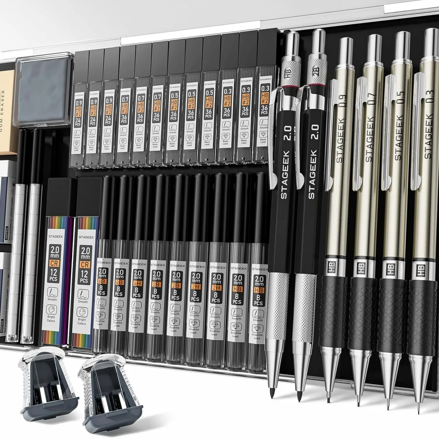 STAGEEK 37PCS Art Mechanical Pencil Set, Drafting Pencil 5 Sizes- 0.3, 0.5, 0.7, 0.9MM & 2PCS 2.0MM Mechanical Drawing Pencils with 492PCS Leads (6B 4B 2B HB 2H 4H Color) for Artist Sketching Drawing