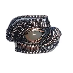 Size 9, Handmade Copper Wire Wrap Ring, Ethiopian Welo Opal, Daily Wear, For Him, For Her