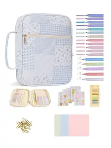 Women's Floral Bible Cover Bag,  Shoulder Storage Bag, Stylish Portable Organizer for Bibles & Books, with Tabs Colored Gel Pen, Highlighters for Study Bible, Bible Case with Shoulder Strap. The Ideal & Heartwarming Gift(Spliced Flower, Spliced Flower)