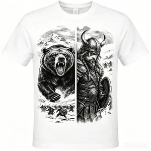 Men's Norse Mythology Viking Warrior & Bear Graphic Short-Sleeve Round Neck Casual Streetwear Sports Top
