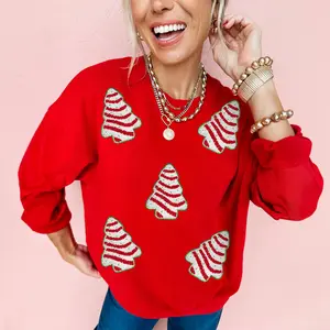 Znacicc Women's Red Christmas Sweatshirt with Embroidered Tree Patches Winteroutfit Dropped Shoulder Holiday Pullover Cute Casual Xmas Top