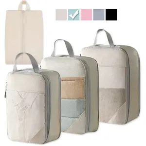 4pcs/8pcs Compression Packing Cubes, Suitcase Expandable Organizer Bags, Carry-On Luggage Accessories, Shoe & Toiletry Bag, Travel Organization Pouch, Travel Essentials, Travel Organizer Set