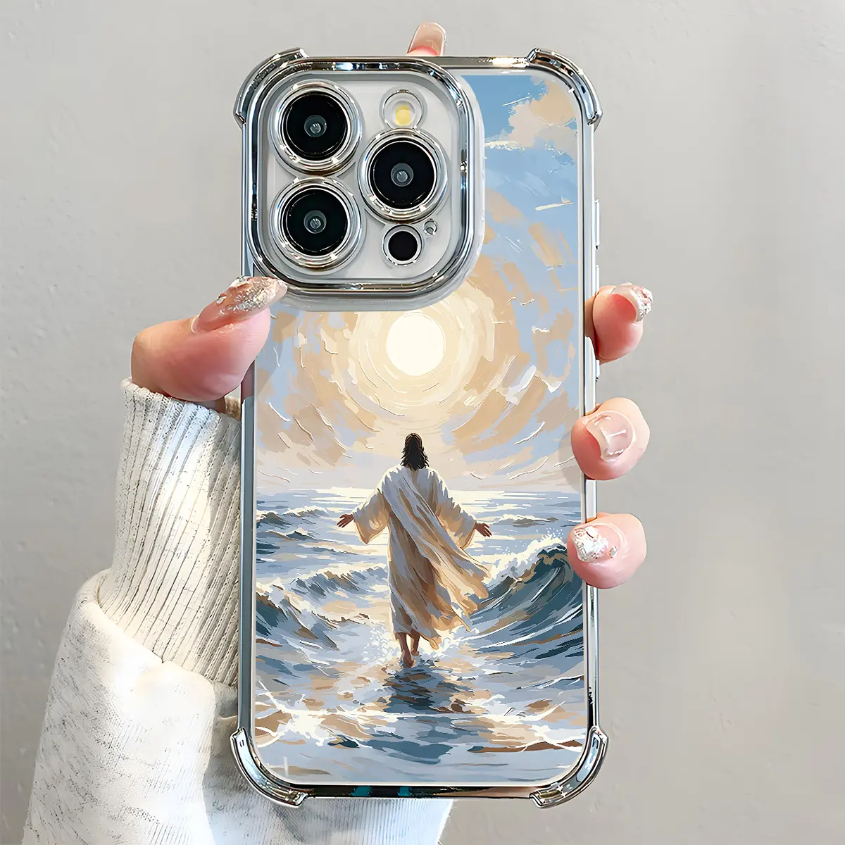 Jesus Walking on Water Pattern Smartphone Case - Electroplated Airbag Shockproof Slim Soft TPU Cover for iPhone 5-17 Pro Max Plus Air, Christian Cellphone Handheld Devices Accessories