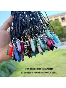 30pcs Chakra Crystal Pointed Pendant Necklace Set with Black Adjustable PU Leather Chain Hexagonal Bullet Quartz DIY Jewelry for Christmas Thanksgiving Gifts (30 Pendants + 30 Chains)