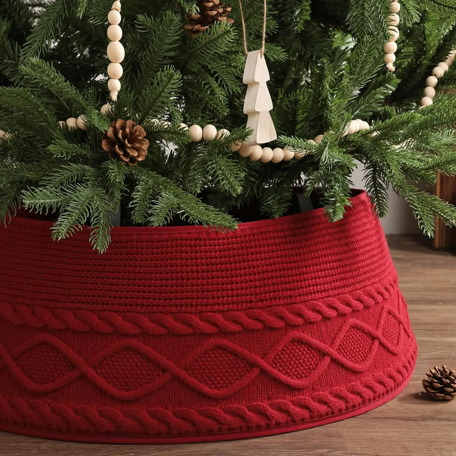 Knitted Christmas Tree Collar: Burgundy Red Crossed Diamond Textured Chunky Cable Knit Christmas Tree Collar for Artificial Trees, Rustic Farmhouse Tree Ring Tree Skirt for Xmas Holiday Home Décor