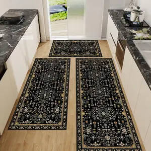 Vintage Persian Geometric Pattern Kitchen Rug Set, Kitchen Runner Rug, Easy Clean Dining Mat, Precision Bound Non-Slip Floor Pad