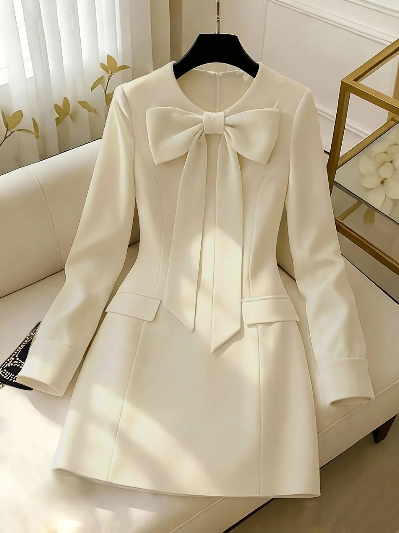 Elegant Chic Style Women's Spring Summer Office wear Dress, Butterfly Knot Long Sleeve, Solid Color Round Neck Waist Cinch, Office Formal Date Night Gown