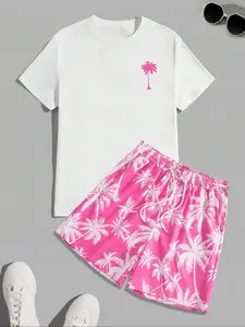 Men's Regular Fit Letter Print Shortsleeve Tee & Tropical Print Shorts Set, Casual Short Sleeve T-shirt & Drawstring Waist Shorts, Summer Clothes Set for Men, Homewear, Casual Lounge Set, Menswear, Pajamas Sleepwear
