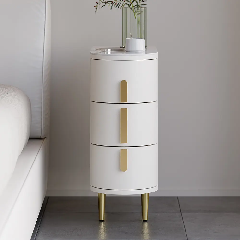 Homary Off White Leather 3-Drawer Narrow Nightstand with Sintered Stone Top