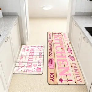 Durable Kitchen Floor Mat Set, Dirt & Water Absorbent, Non-Skid Bottom, Stain Resistant. Playful Kitchen Utensil & "Family Happiness Joy" Typography Design, Ideal for Sink, Stove & Bathroom Area Use