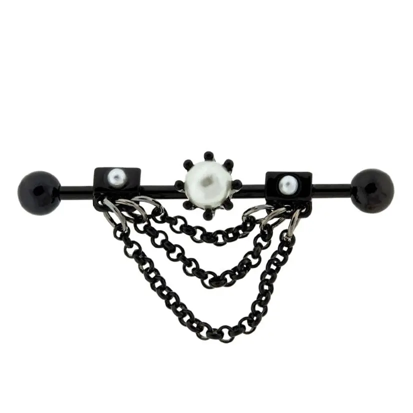 Black PVD Pearl Dangle Chain Industrial Barbell